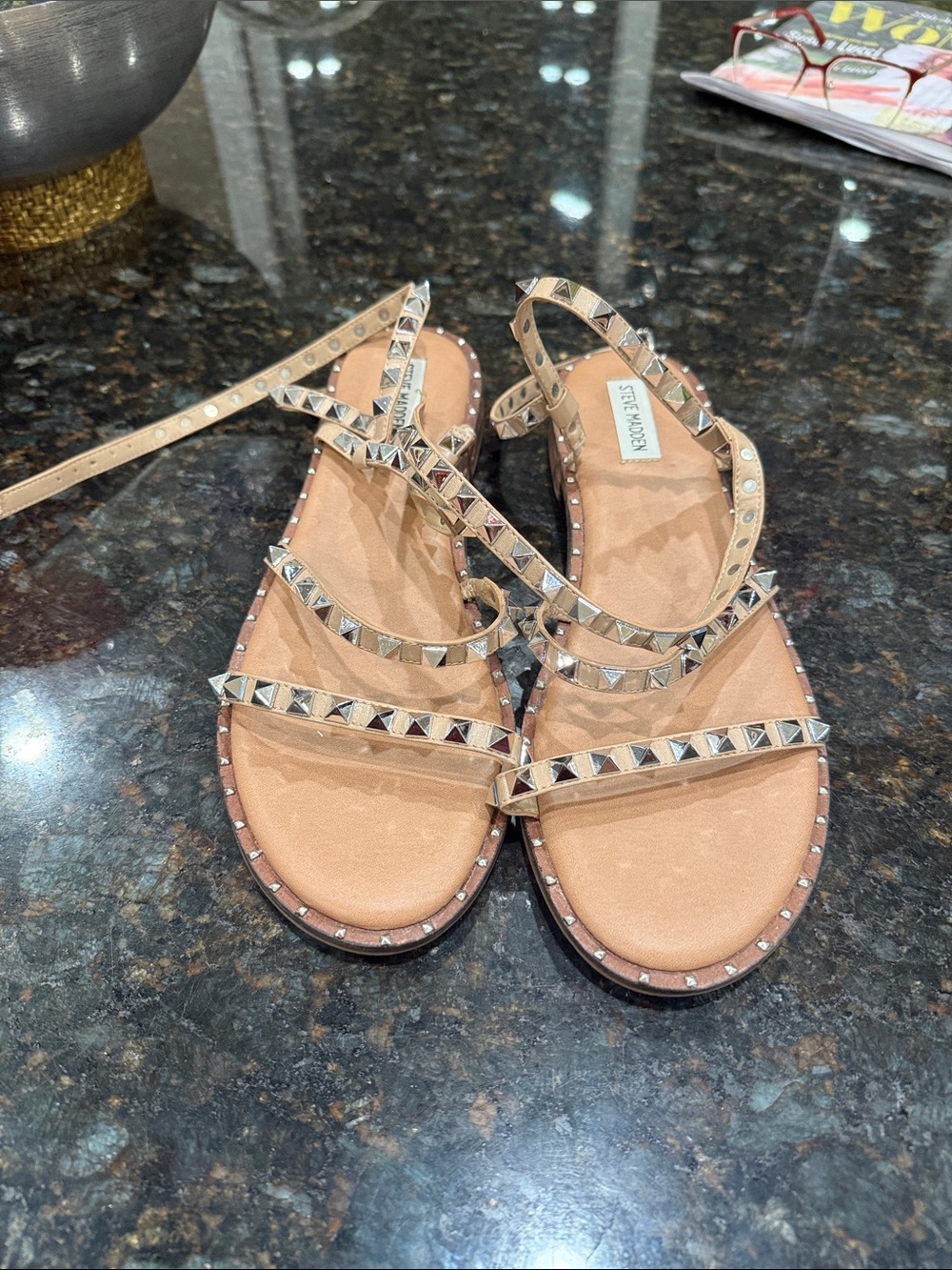 Steve Madden Beige Studded Strappy Flat Sandals